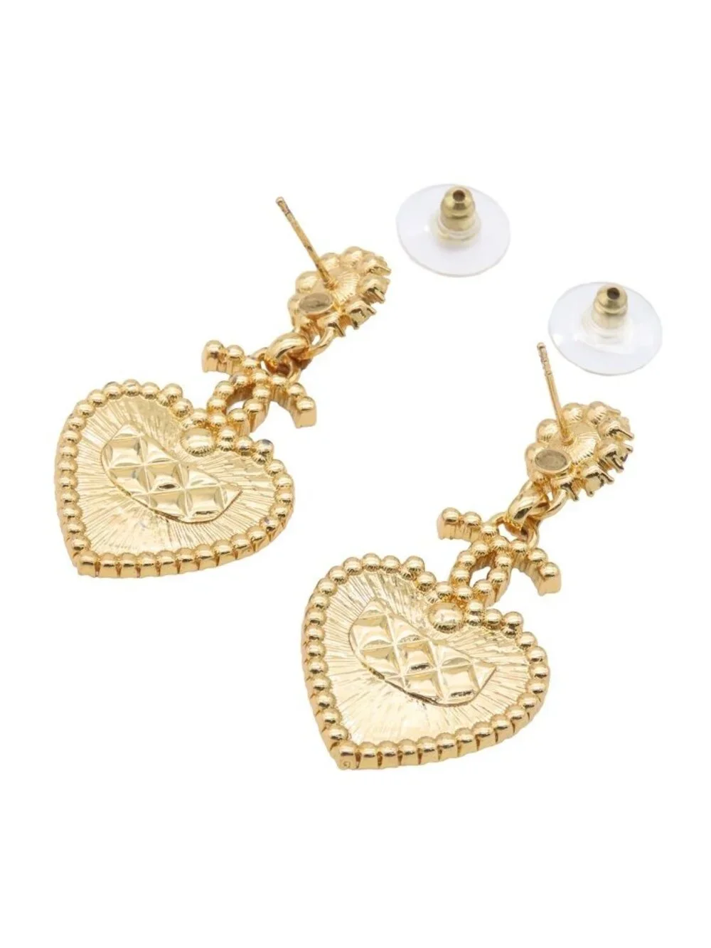 Chanel Earrings Gold Metal Rhinestone Costume Pearl Heart Flower Motif CC Logo